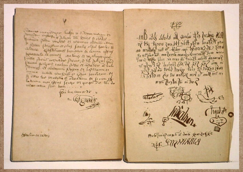 Договор с Сатаной Урбена Грандье. Написан справа налево, словами, перевернутыми задом наперед на латыни 