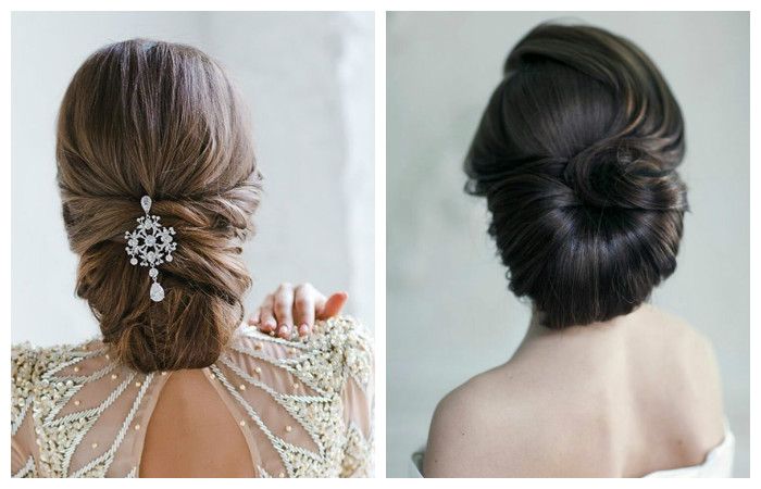 Свадебная прическа с волосами, уложенными к низу, фото