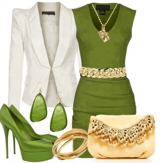 зеленое платье с белым пиджаком